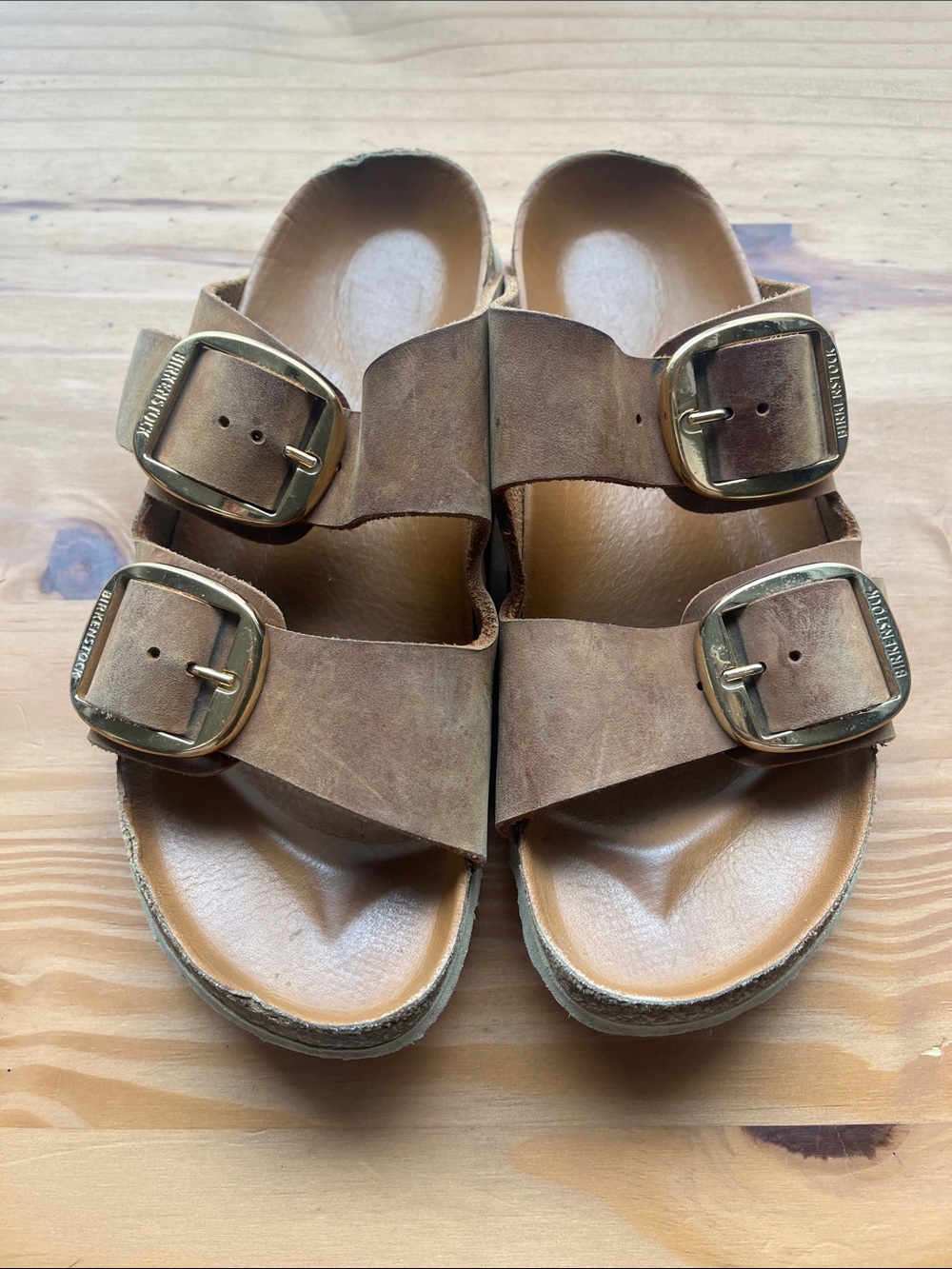 Birkenstock women Tan Double-Buckle Sandals with Gold Buckles